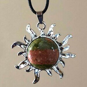 Unakite Natural Stone Sun Shaped Pendant Necklace Healing Gemstone Pendant